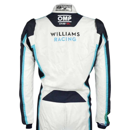 Nicholas Latifi 2021 Williams F1 race suit in white with navy blue and light blue accents featuring sponsor logos