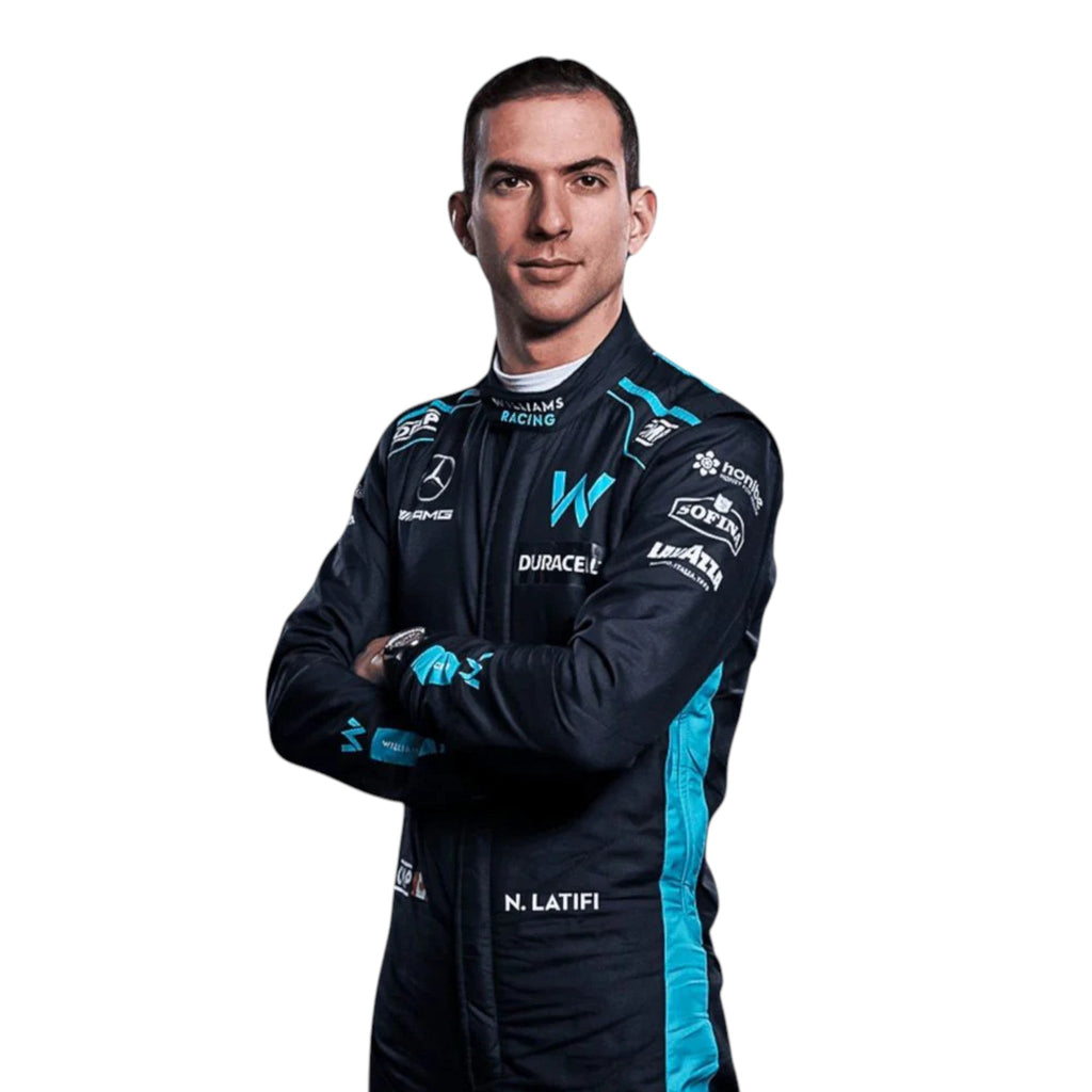 Nicholas Latifi 2022 Williams F1 race suit in navy blue with light blue accents featuring sponsor logos