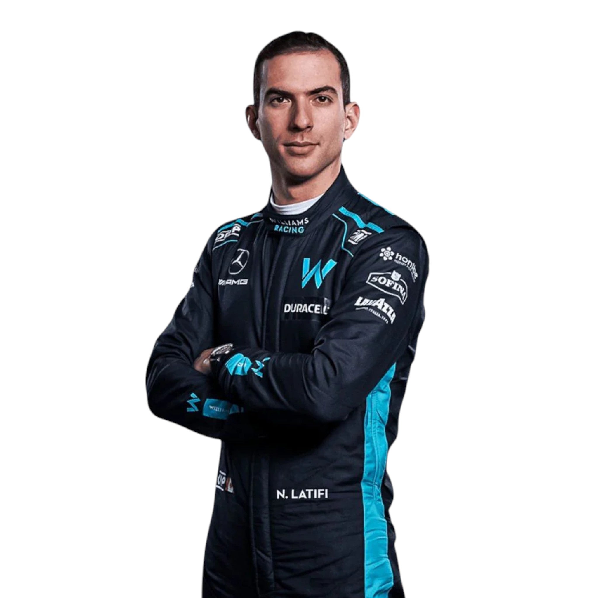 Nicholas Latifi 2022 Williams F1 race suit in navy blue with light blue accents featuring sponsor logos