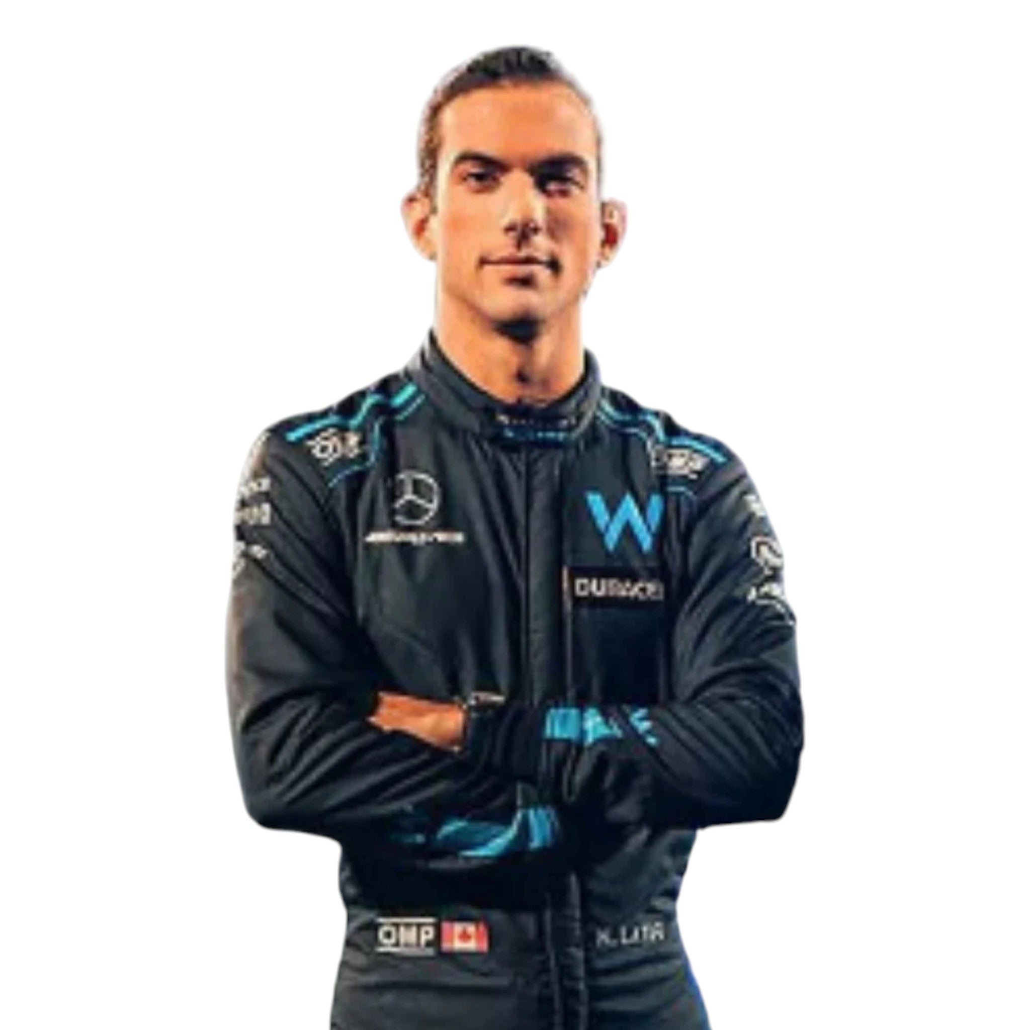 Nicholas Latifi 2022 Williams F1 race suit in navy blue with light blue accents featuring sponsor logos