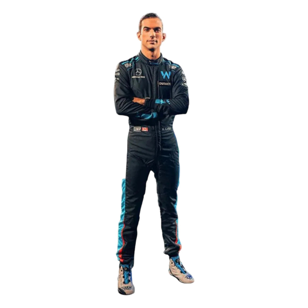 Nicholas Latifi 2022 Williams F1 race suit in navy blue with light blue accents featuring sponsor logos