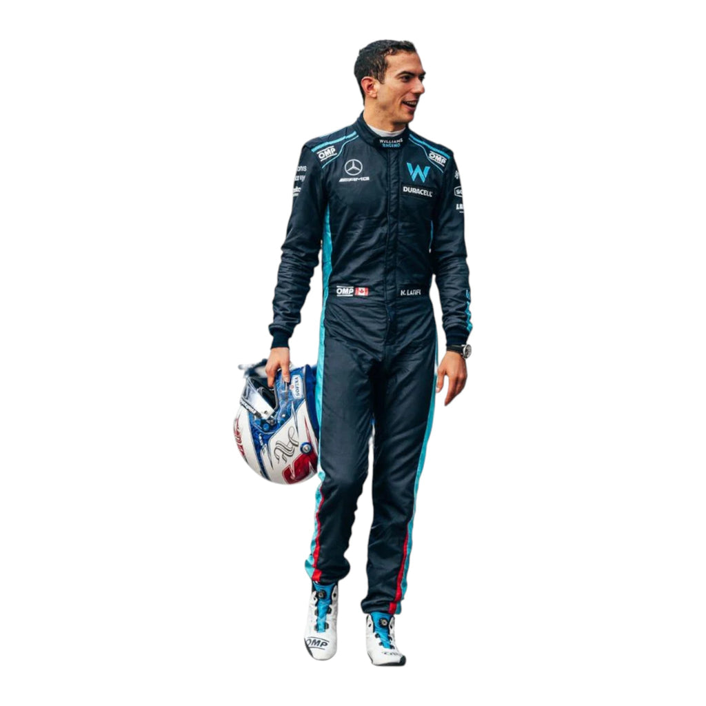 Nicholas Latifi 2022 Williams F1 race suit in navy blue with light blue accents featuring sponsor logos