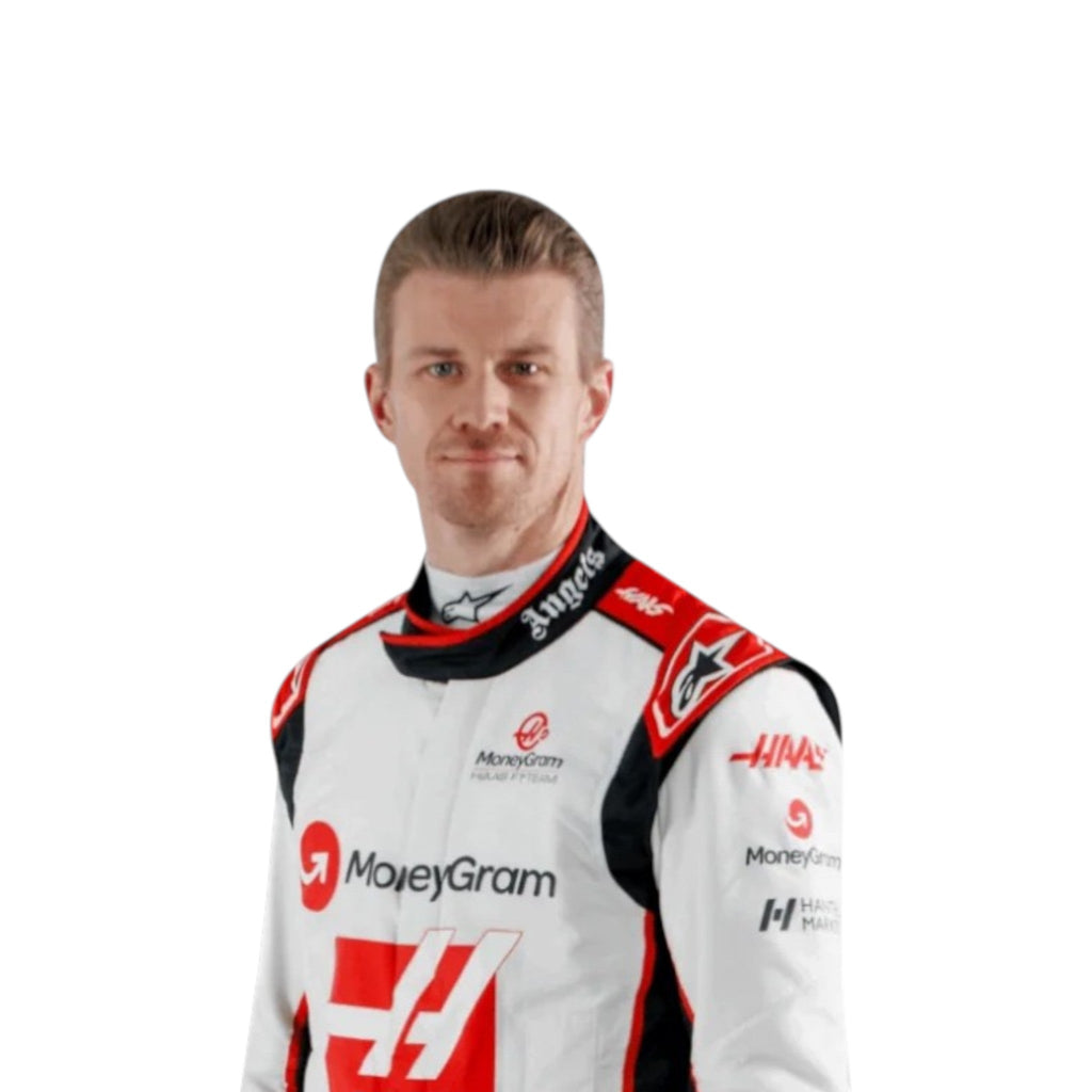 Nico Hulkenberg 2023 Haas F1 race suit in white with black and red accents and sponsor branding