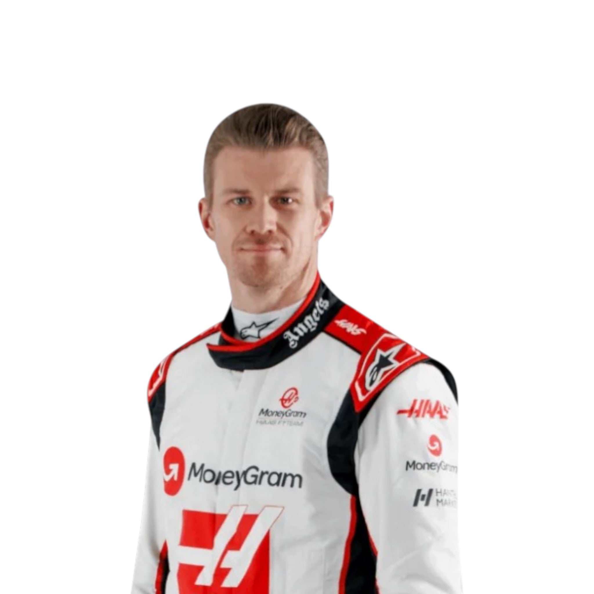 Nico Hulkenberg 2023 Haas F1 race suit in white with black and red accents and sponsor branding