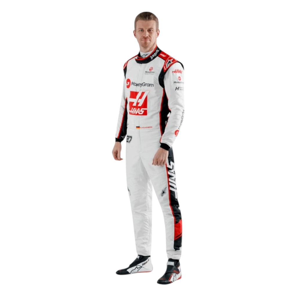 Nico Hulkenberg 2023 Haas F1 race suit in white with black and red accents and sponsor branding