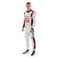 Nico Hulkenberg 2023 Haas F1 race suit in white with black and red accents and sponsor branding