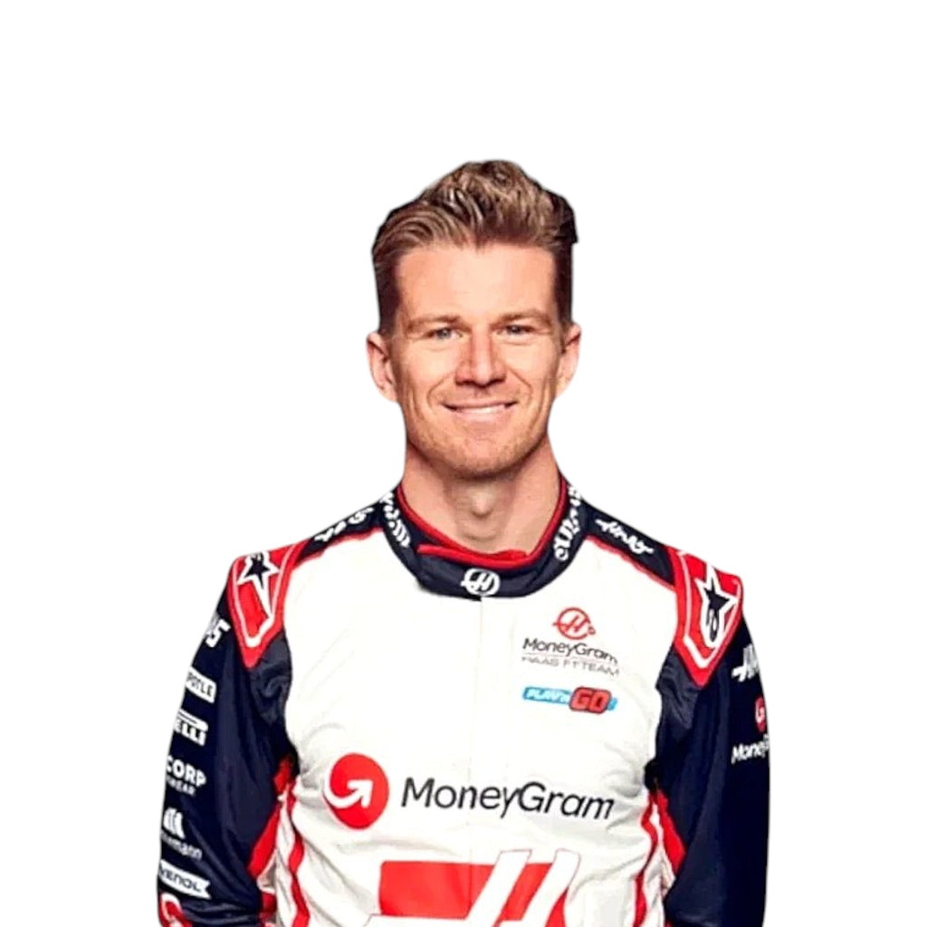 Nico Hülkenberg 2024 Haas F1 race suit in white with black panels and red accents