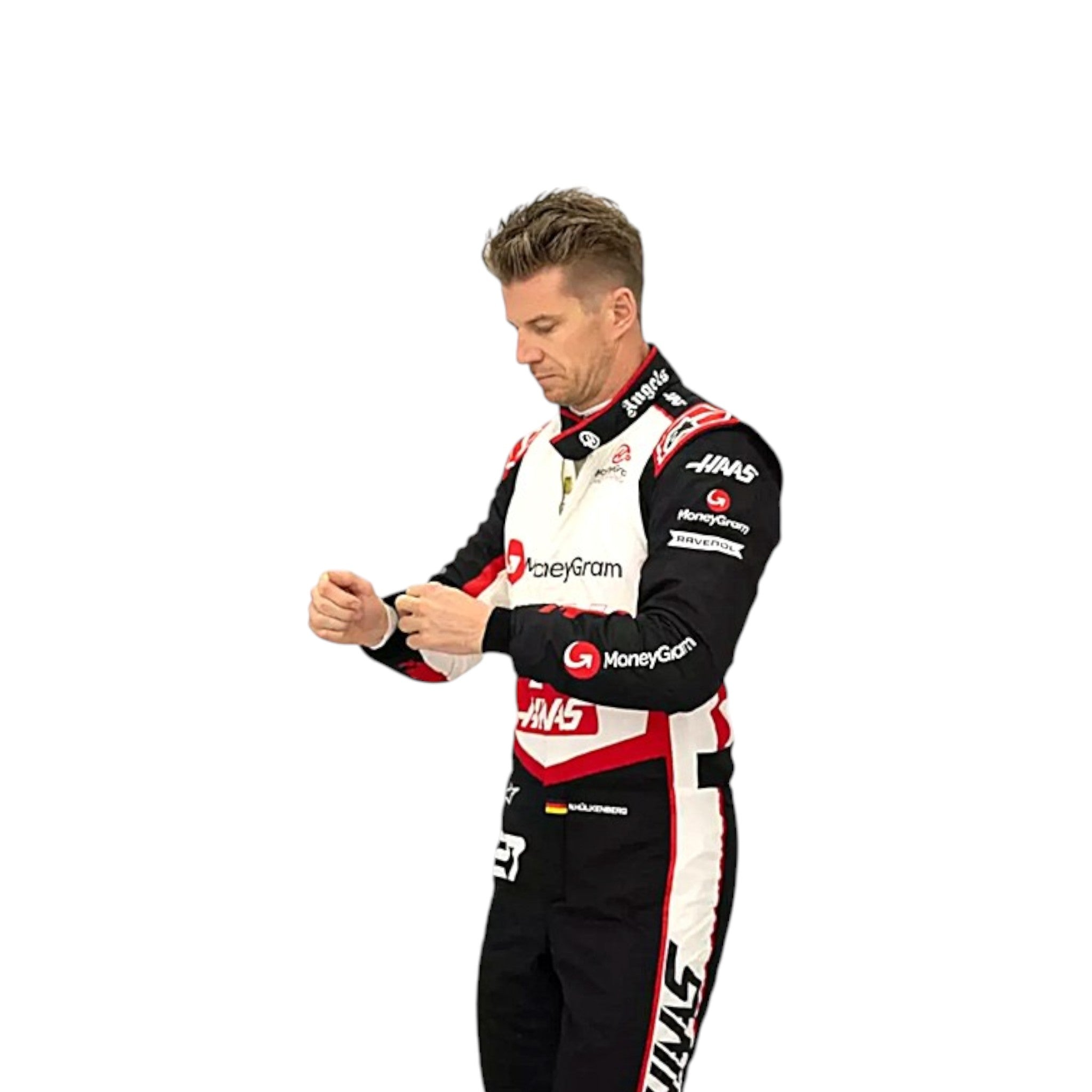 Nico Hülkenberg 2024 Haas F1 race suit in white with black panels and red accents