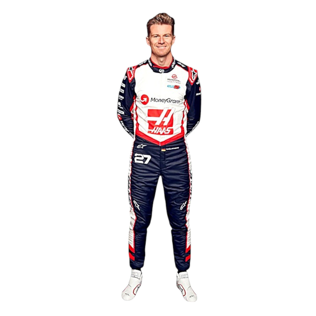 Nico Hülkenberg 2024 Haas F1 race suit in white with black panels and red accents