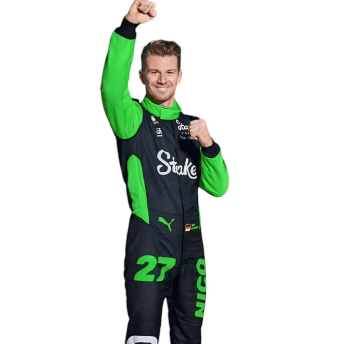 Nico Hülkenberg 2025 Kick Sauber Formula 1 green and black race suit with sponsor logos and team detailing