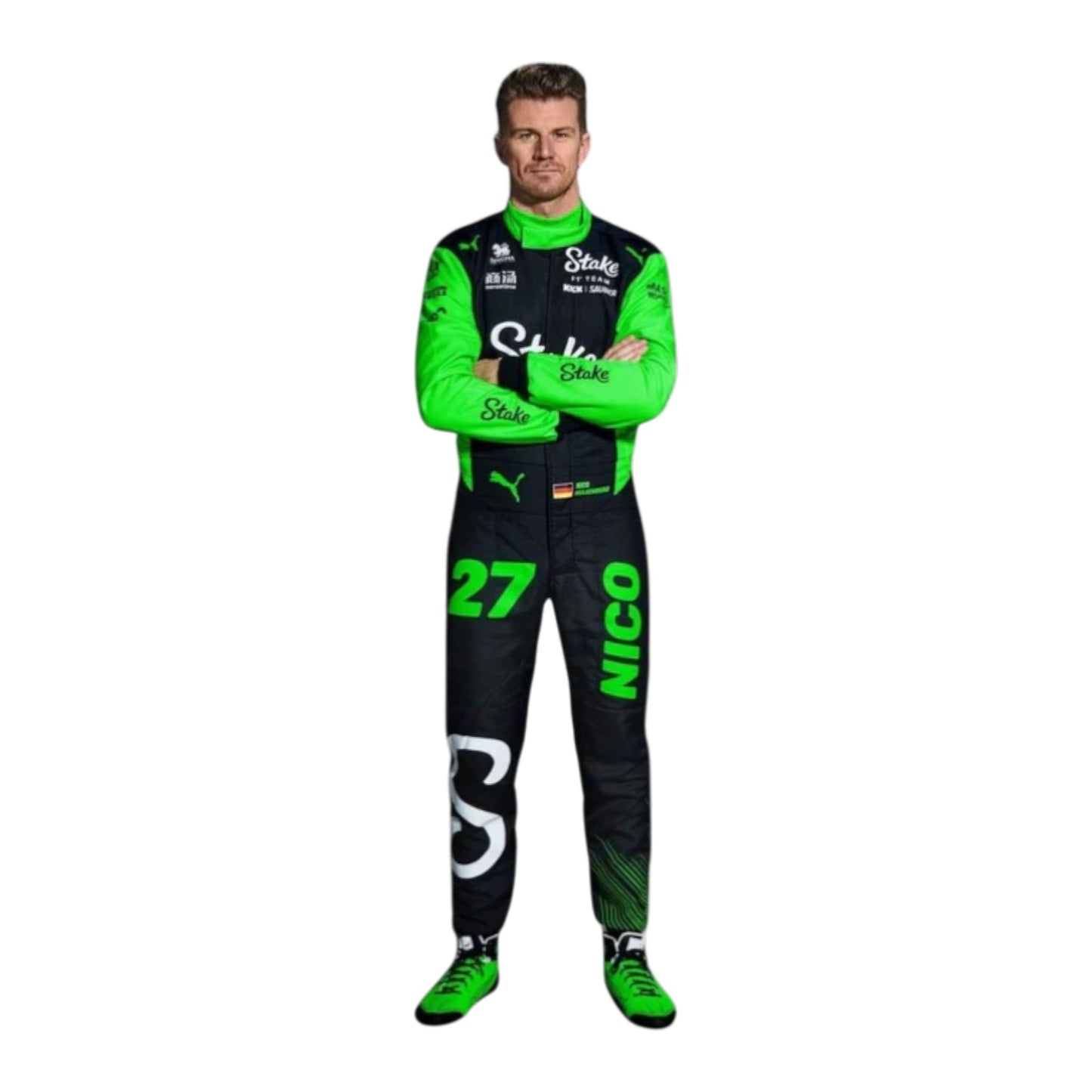 Nico Hülkenberg 2025 Kick Sauber Formula 1 green and black race suit with sponsor logos and team detailing