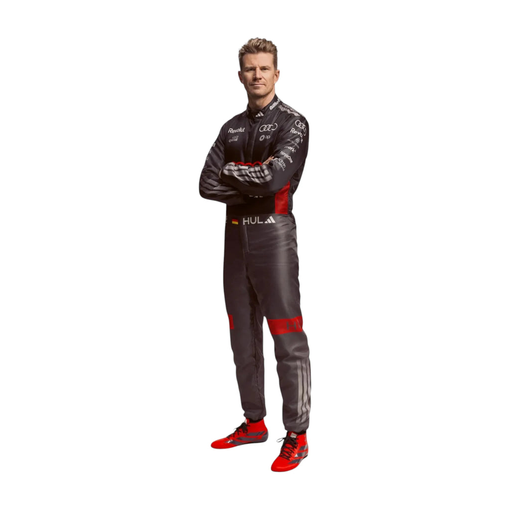 Nico Hulkenberg 2026 Audi F1 race suit in black with red accents and sponsor logos