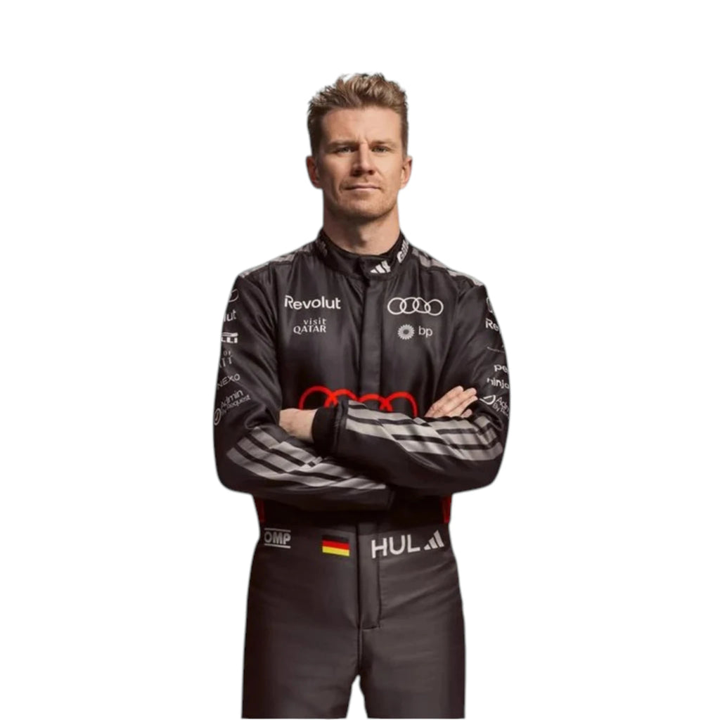 Nico Hulkenberg 2026 Audi F1 race suit in black with red accents and sponsor logos