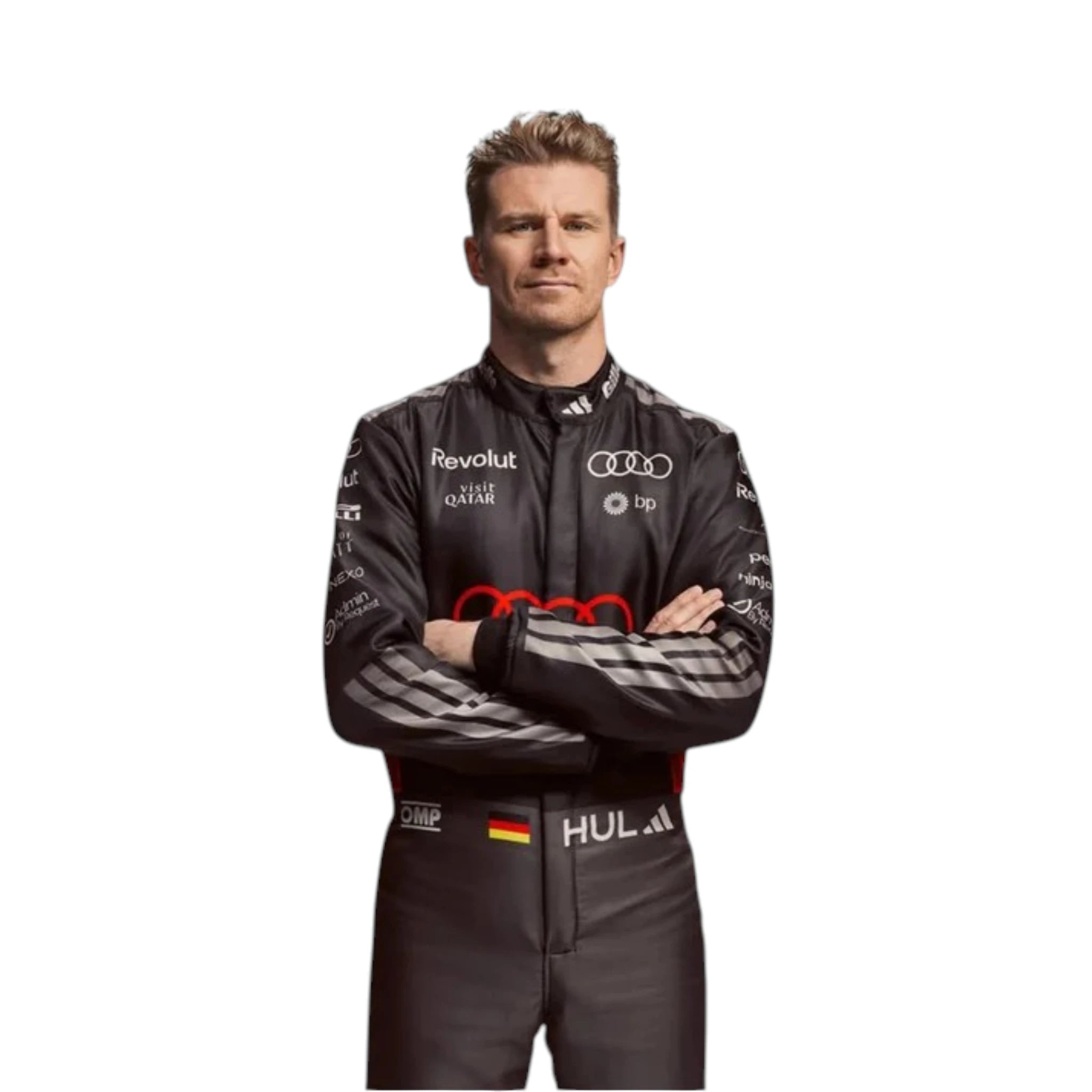 Nico Hulkenberg 2026 Audi F1 race suit in black with red accents and sponsor logos