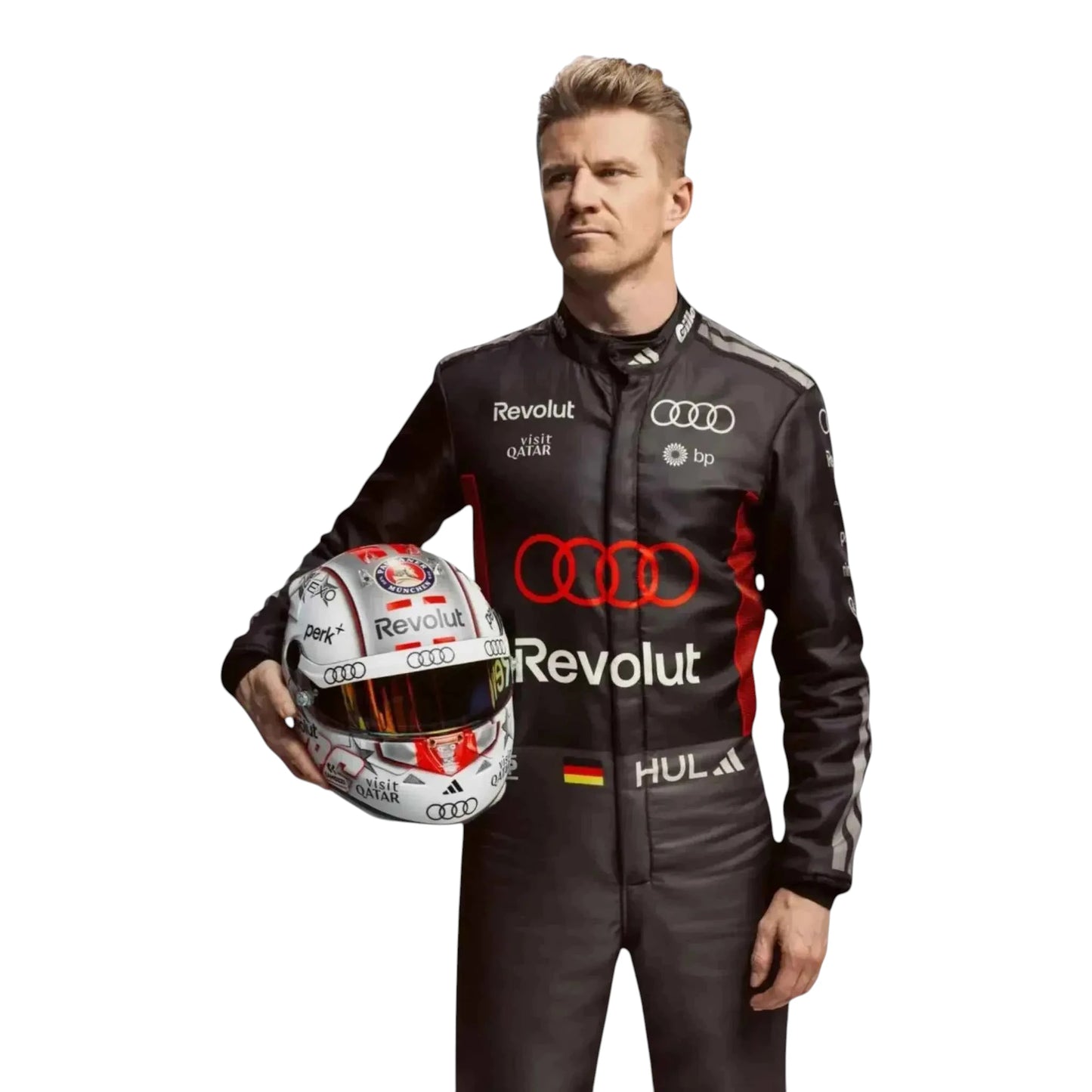 Nico Hülkenberg 2026 Audi F1 race suit in black with red accents and sponsor logos