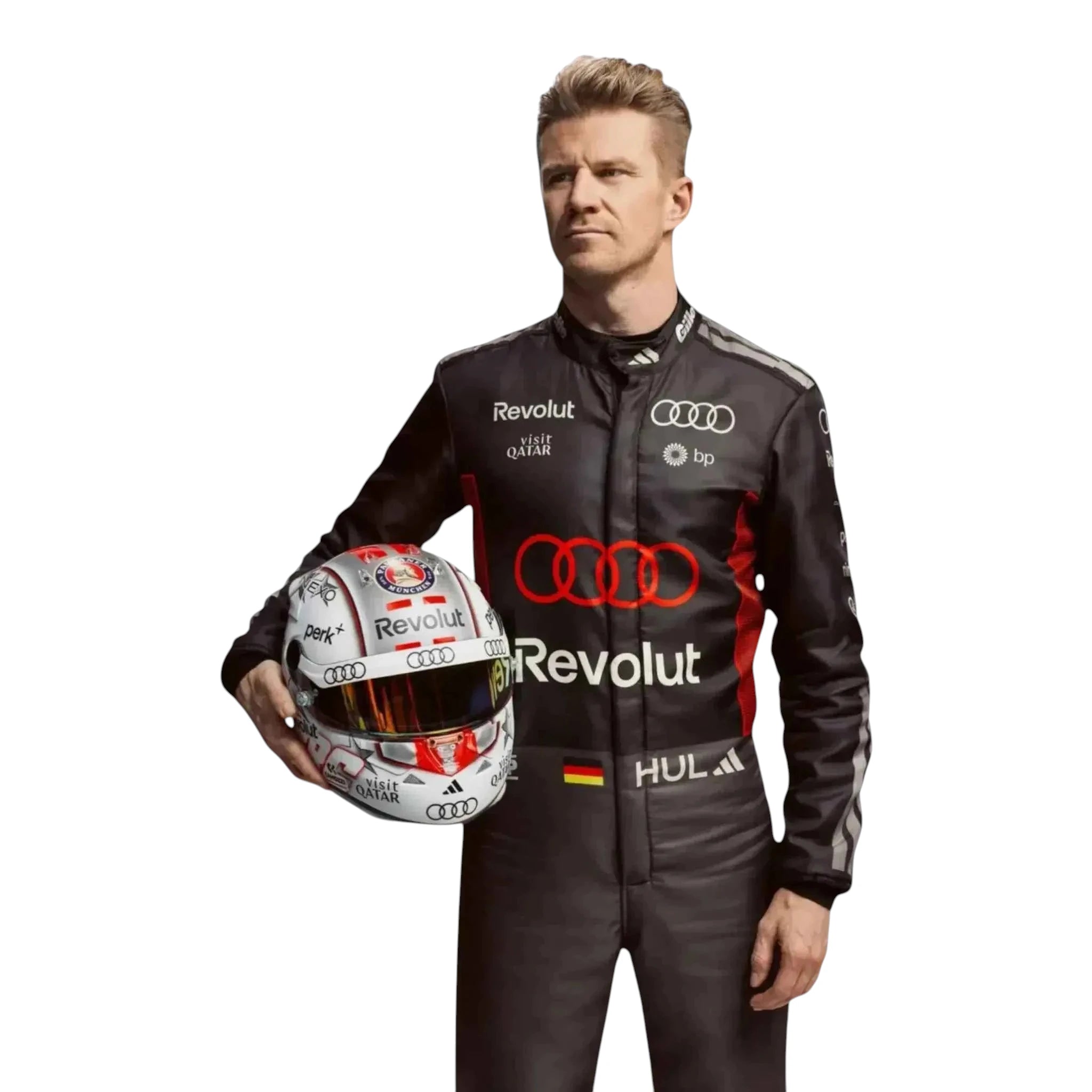 Nico Hulkenberg 2026 Audi F1 race suit in black with red accents and sponsor logos