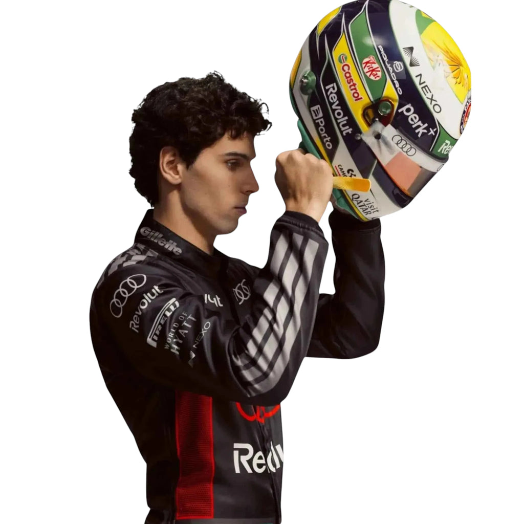 Gabriel Bortoleto 2026 Audi F1 race suit in black with red accents and sponsor logos