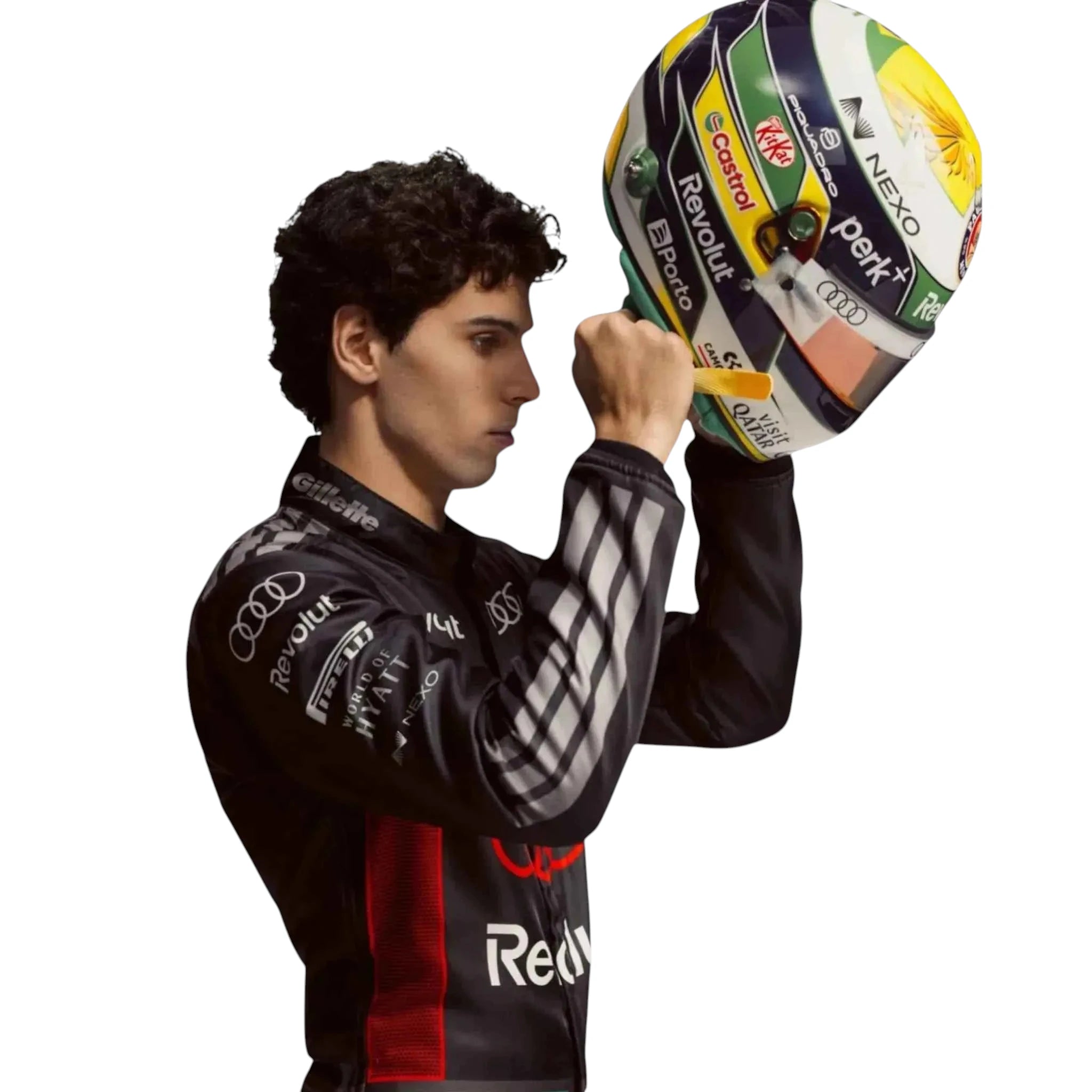 Gabriel Bortoleto 2026 Audi F1 race suit in black with red accents and sponsor logos