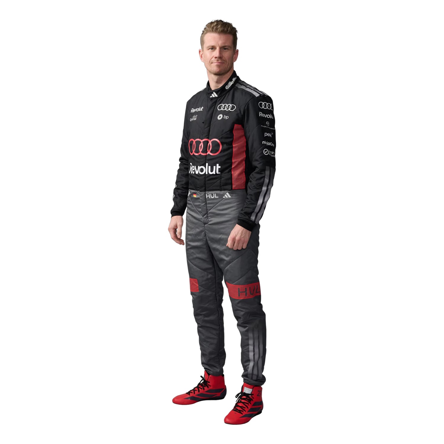 Nico Hülkenberg 2026 Audi F1 race suit in black with red accents and sponsor logos