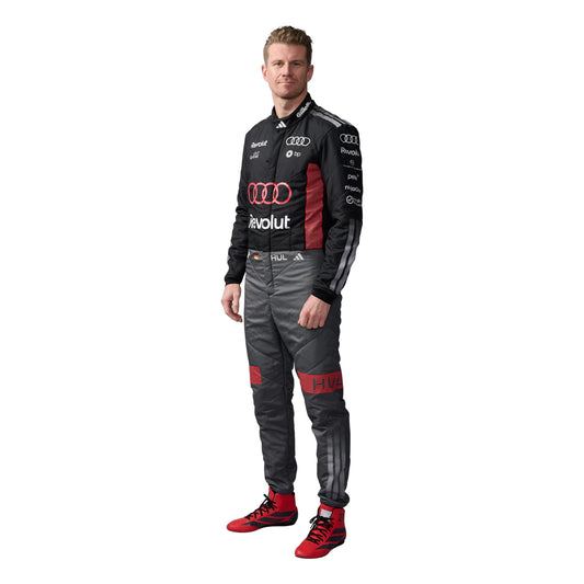 Nico Hülkenberg 2026 Audi F1 race suit in black with red accents and sponsor logos