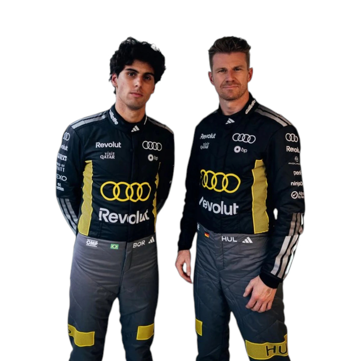 Nico Hülkenberg 2026 Audi Monaco GP F1 Racing Suit in black and yellow featuring Audi team branding, sponsor logos, and distinctive racing details
