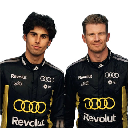 Nico Hülkenberg 2026 Audi Monaco GP F1 Racing Suit in black and yellow featuring Audi team branding, sponsor logos, and distinctive racing details