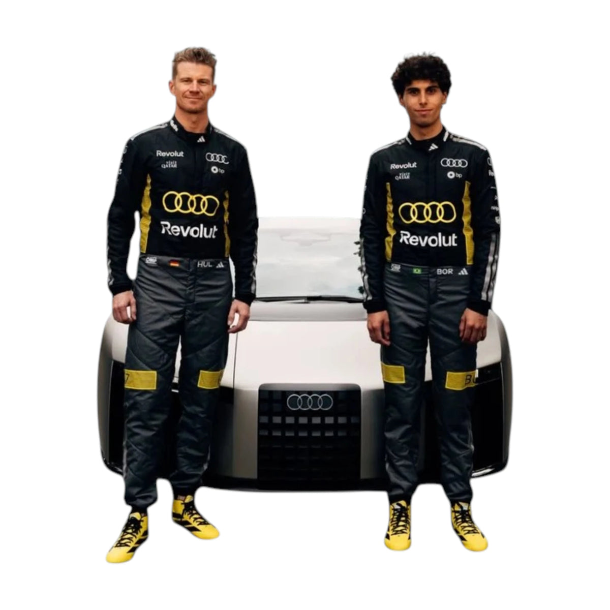 Nico Hülkenberg 2026 Audi Monaco GP F1 Racing Suit in black and yellow featuring Audi team branding, sponsor logos, and distinctive racing details