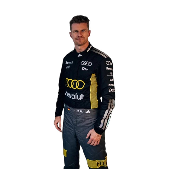 Nico Hülkenberg 2026 Audi Monaco GP F1 Racing Suit in black and yellow featuring Audi team branding, sponsor logos, and distinctive racing details