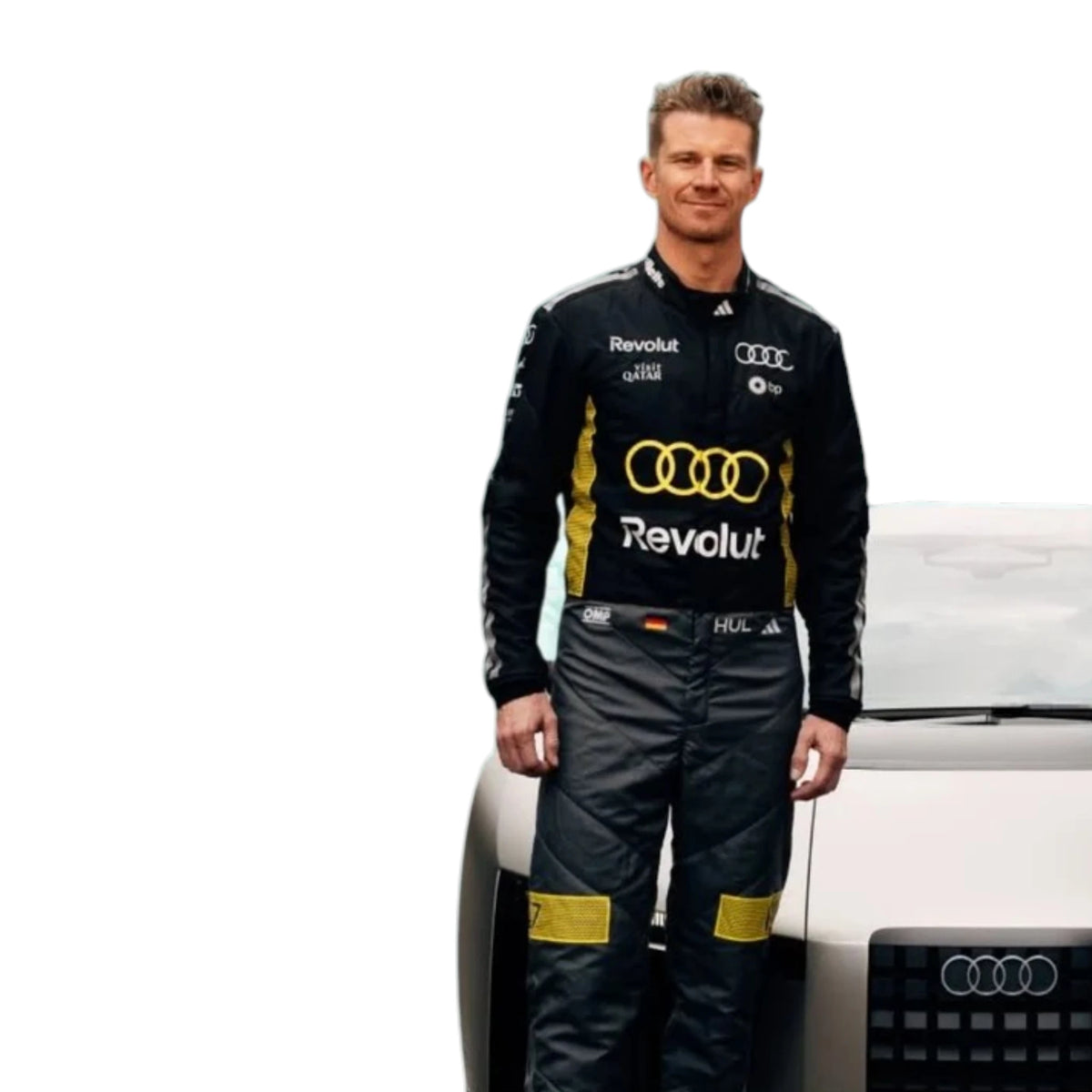 Nico Hülkenberg 2026 Audi Monaco GP F1 Racing Suit in black and yellow featuring Audi team branding, sponsor logos, and distinctive racing details
