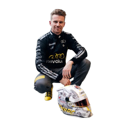 Nico Hülkenberg 2026 Audi Monaco GP F1 Racing Suit in black and yellow featuring Audi team branding, sponsor logos, and distinctive racing details