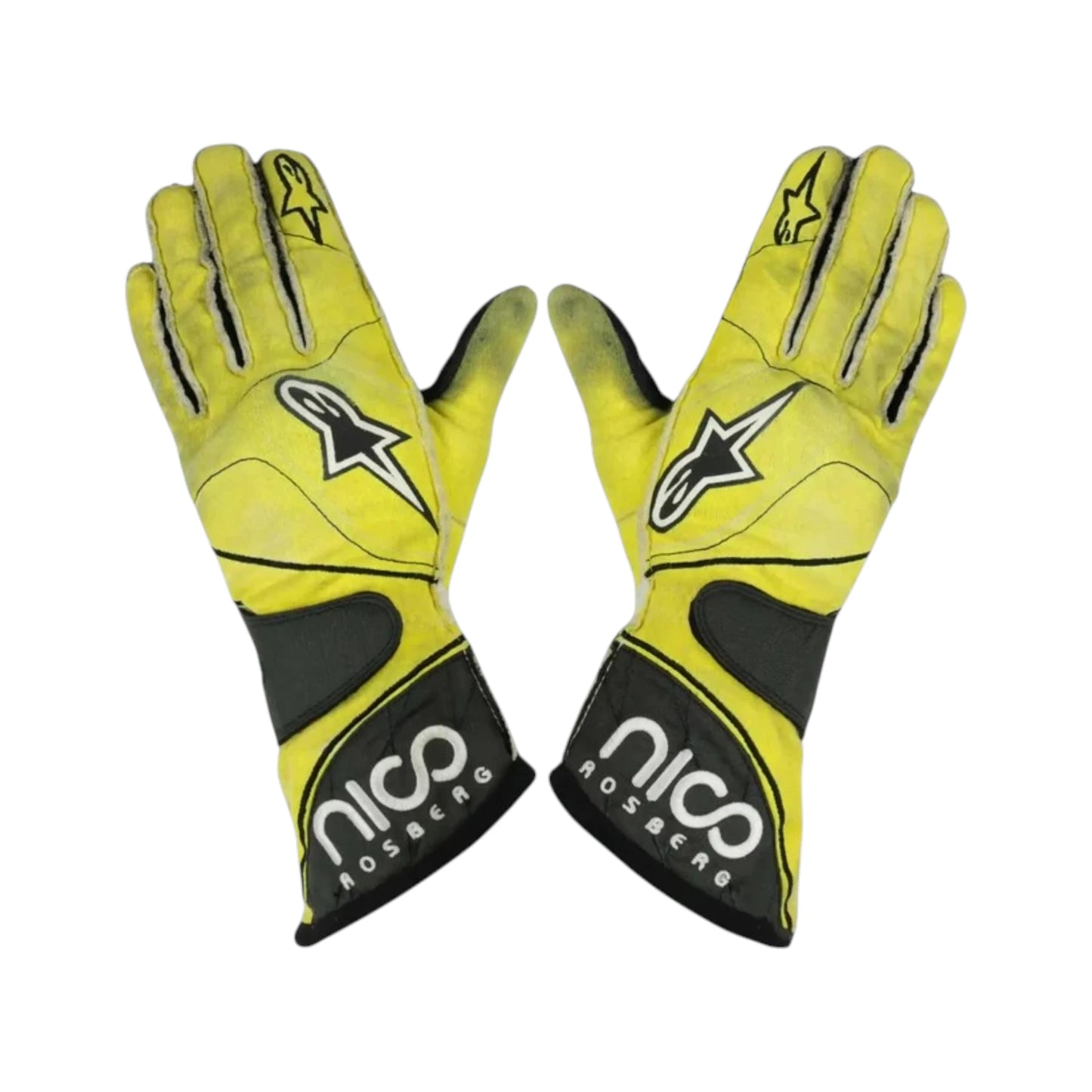 Nico Rosberg 2011 Mercedes-AMG Petronas F1 Racing Gloves in fluorescent yellow and black with Nico Rosberg sponsor logos and premium motorsport detailing