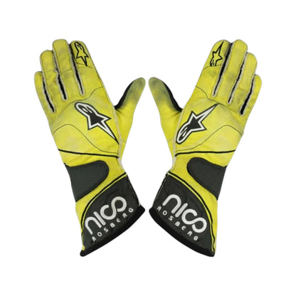Nico Rosberg 2011 Mercedes-AMG Petronas F1 Racing Gloves in fluorescent yellow and black with Nico Rosberg sponsor logos and premium motorsport detailing