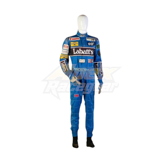 Nigel Mansell 1992 Williams F1 Racing Suit in blue with authentic Labatt's Racing Team sponsor logos and premium motorsport detailing