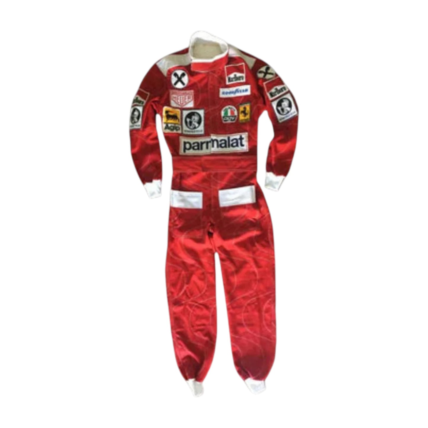 Niki Lauda 1976 Ferrari F1 Racing Suit in red with vintage sponsor logos and authentic motorsport detailing