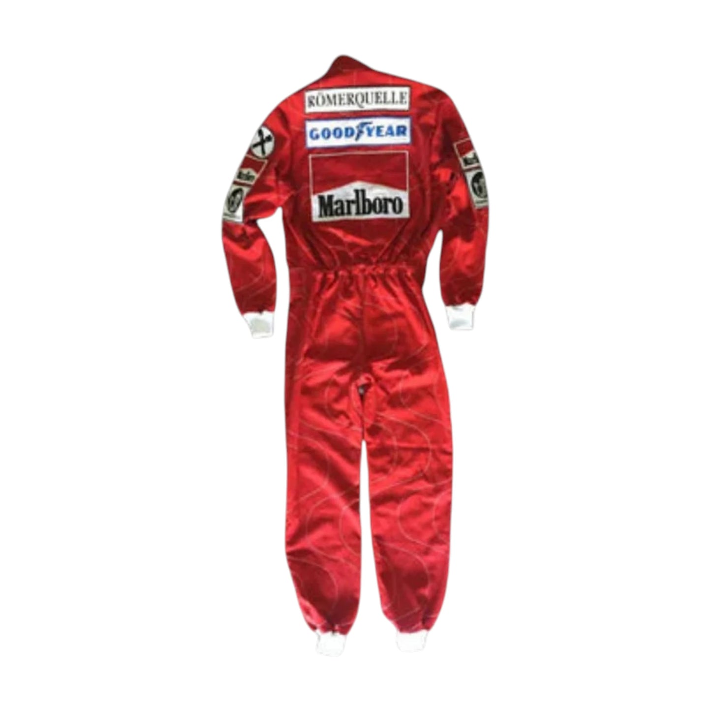 Niki Lauda 1976 Ferrari F1 Racing Suit in red with vintage sponsor logos and authentic motorsport detailing