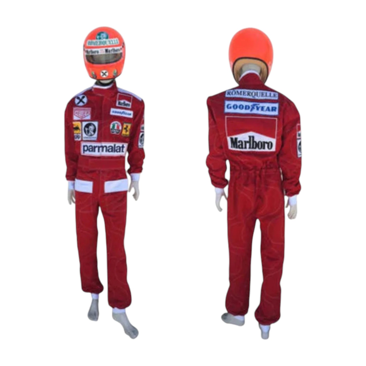 Niki Lauda 1976 Ferrari F1 Racing Suit in red with vintage sponsor logos and authentic motorsport detailing