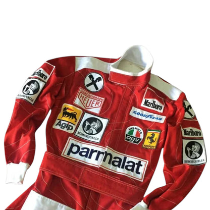 Niki Lauda 1976 Ferrari F1 Racing Suit in red with vintage sponsor logos and authentic motorsport detailing
