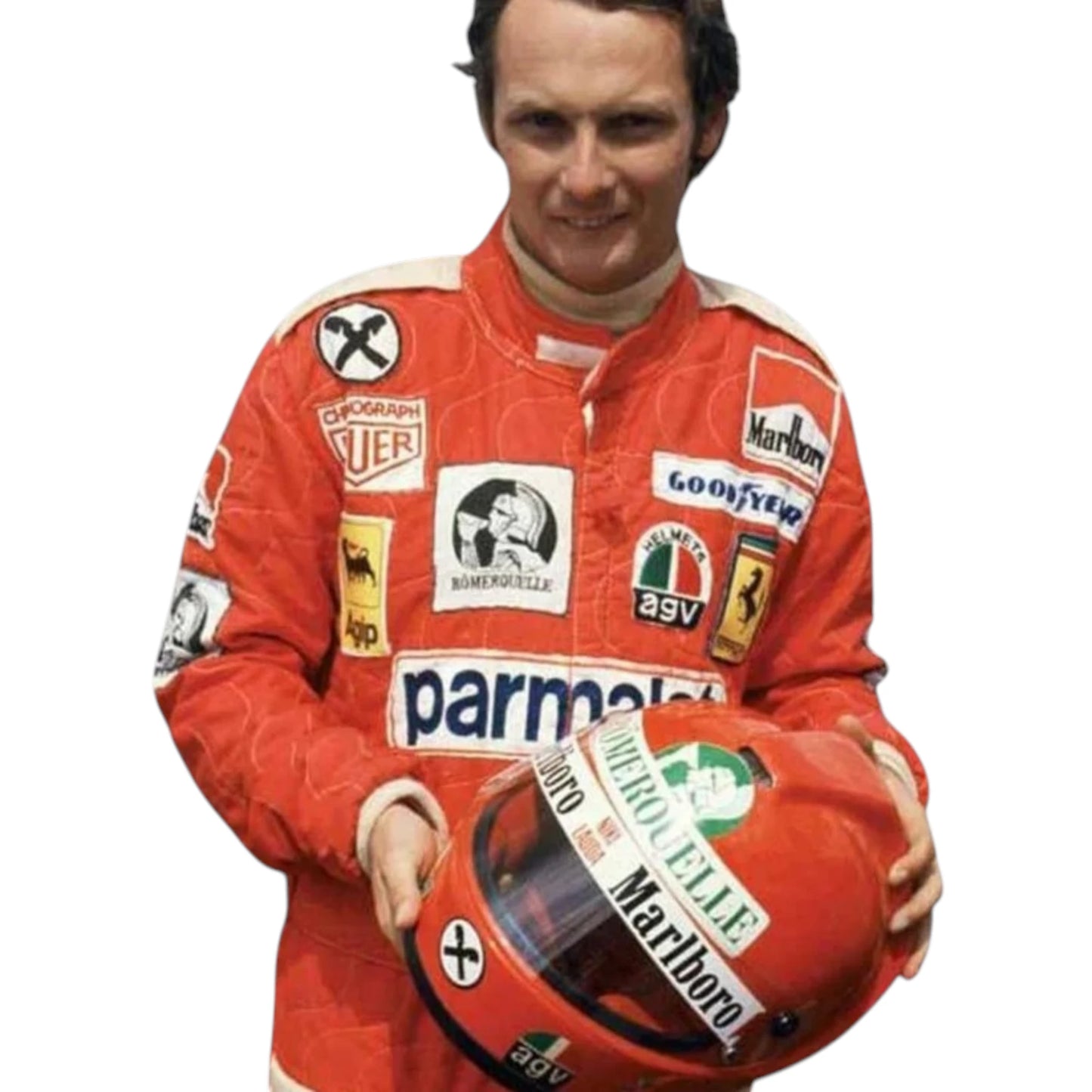 Niki Lauda 1976 Ferrari F1 Racing Suit in red with vintage sponsor logos and authentic motorsport detailing