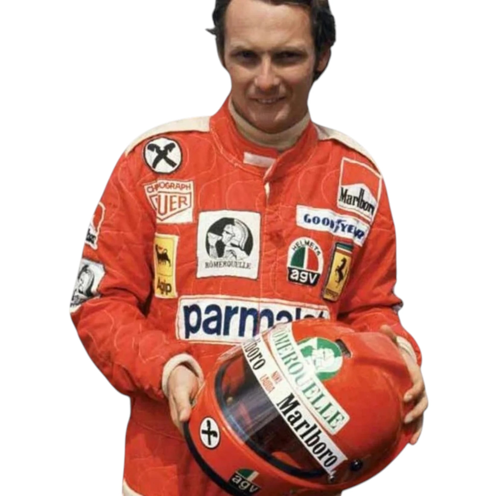 Niki Lauda 1976 Ferrari F1 Racing Suit in red with vintage sponsor logos and authentic motorsport detailing