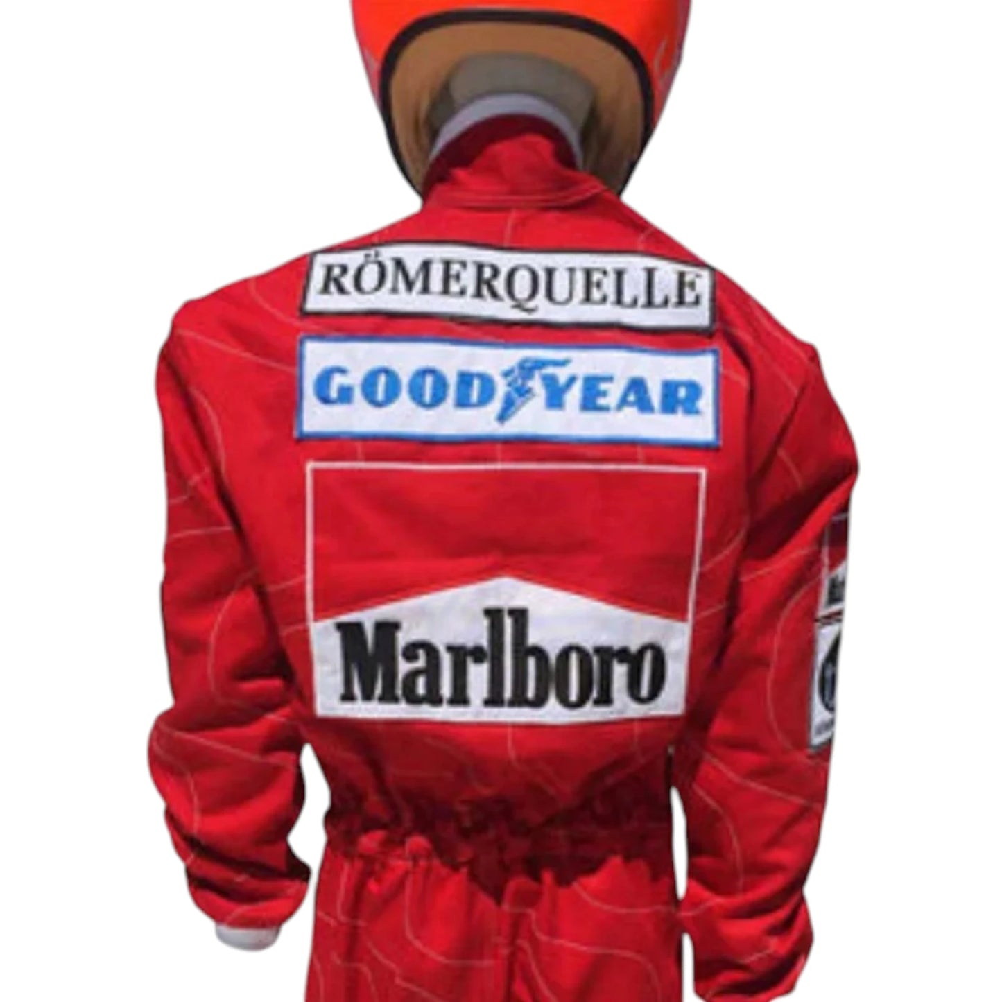 Niki Lauda 1976 Ferrari F1 Racing Suit in red with vintage sponsor logos and authentic motorsport detailing