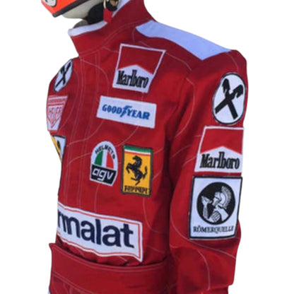 Niki Lauda 1976 Ferrari F1 Racing Suit in red with vintage sponsor logos and authentic motorsport detailing