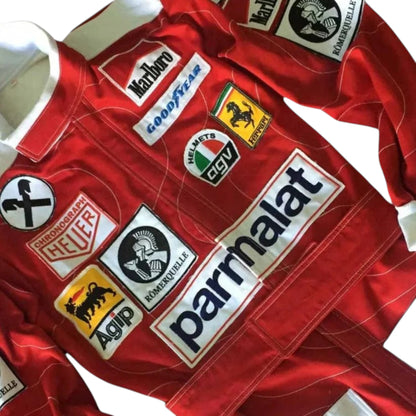 Niki Lauda 1976 Ferrari F1 Racing Suit in red with vintage sponsor logos and authentic motorsport detailing