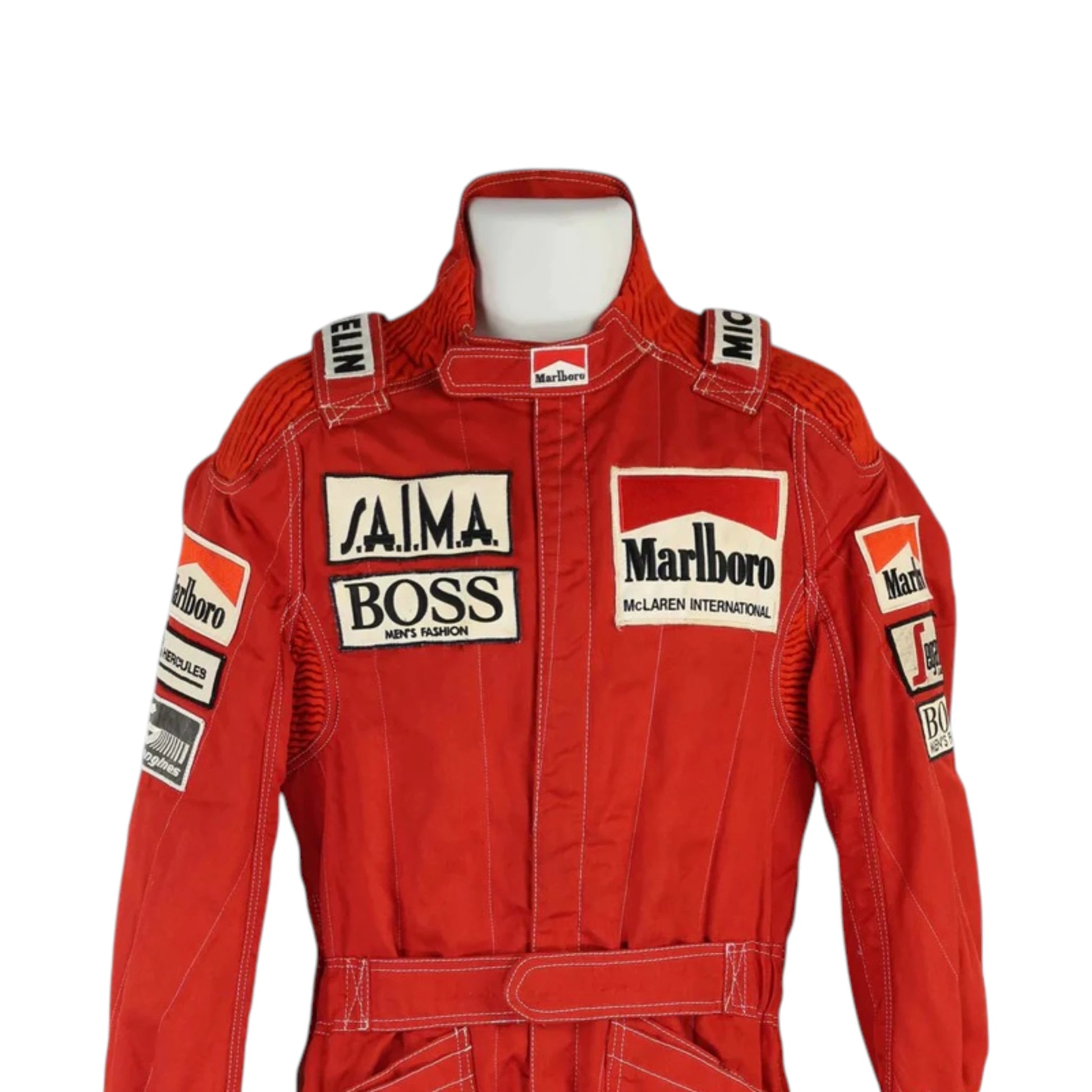 Niki Lauda 1984 McLaren F1 Racing Suit in red with authentic vintage Marlboro and Boss sponsor detailing