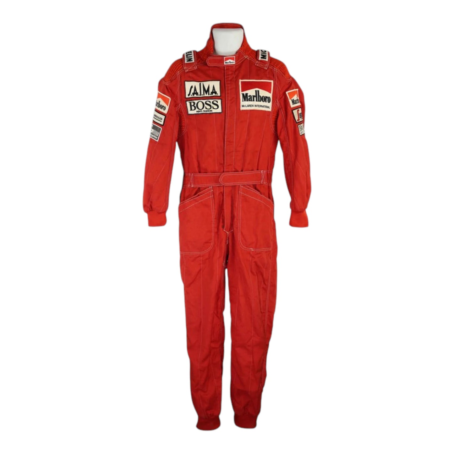 Niki Lauda 1984 McLaren F1 Racing Suit in red with authentic vintage Marlboro and Boss sponsor detailing