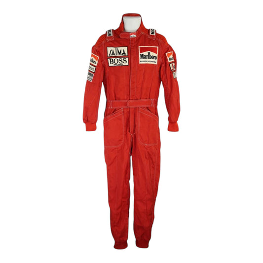 Niki Lauda 1984 McLaren F1 Racing Suit in red with authentic vintage Marlboro and Boss sponsor detailing