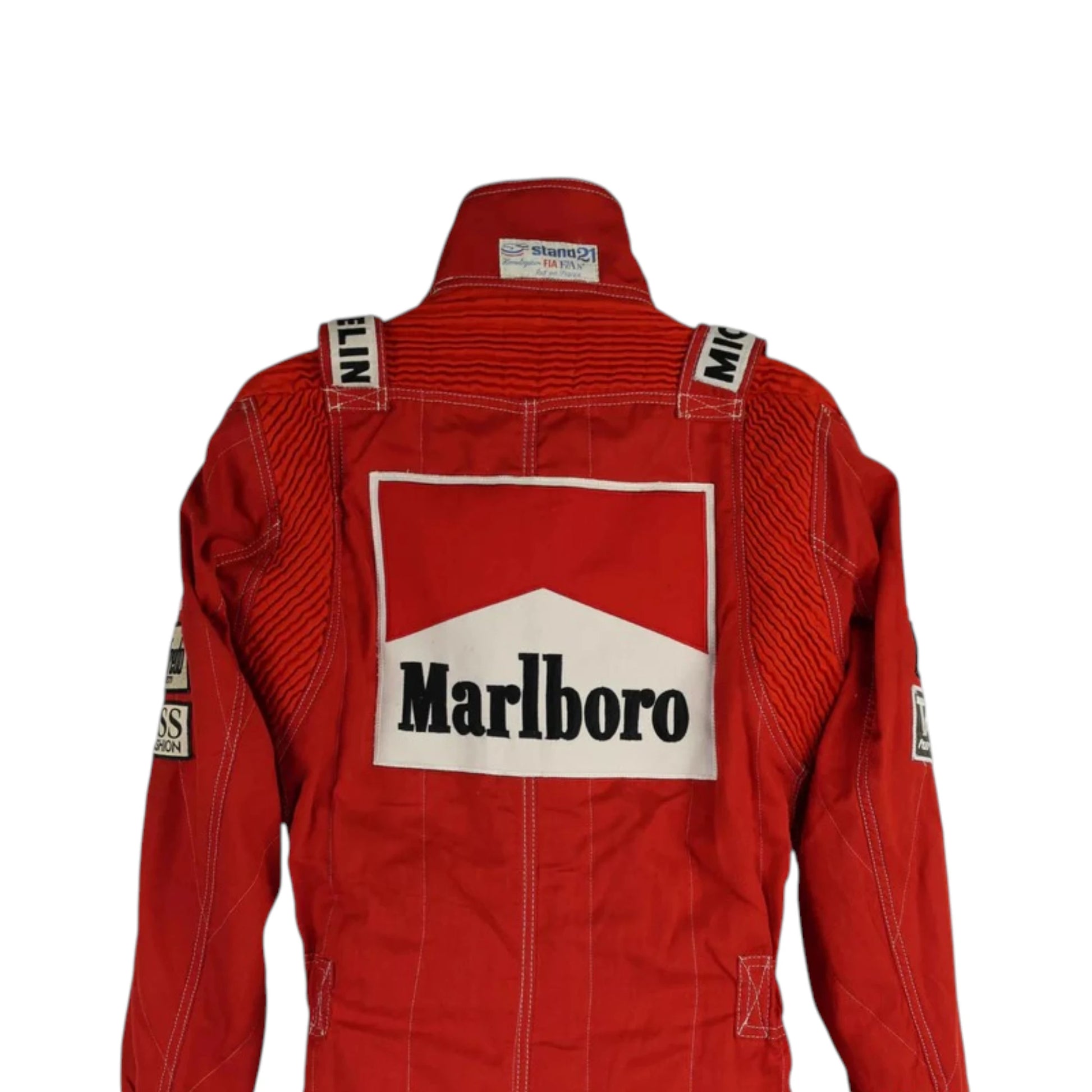 Niki Lauda 1984 McLaren F1 Racing Suit in red with authentic vintage Marlboro and Boss sponsor detailing