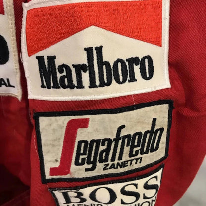 Niki Lauda 1984 McLaren F1 Racing Suit in red with authentic vintage Marlboro and Boss sponsor detailing