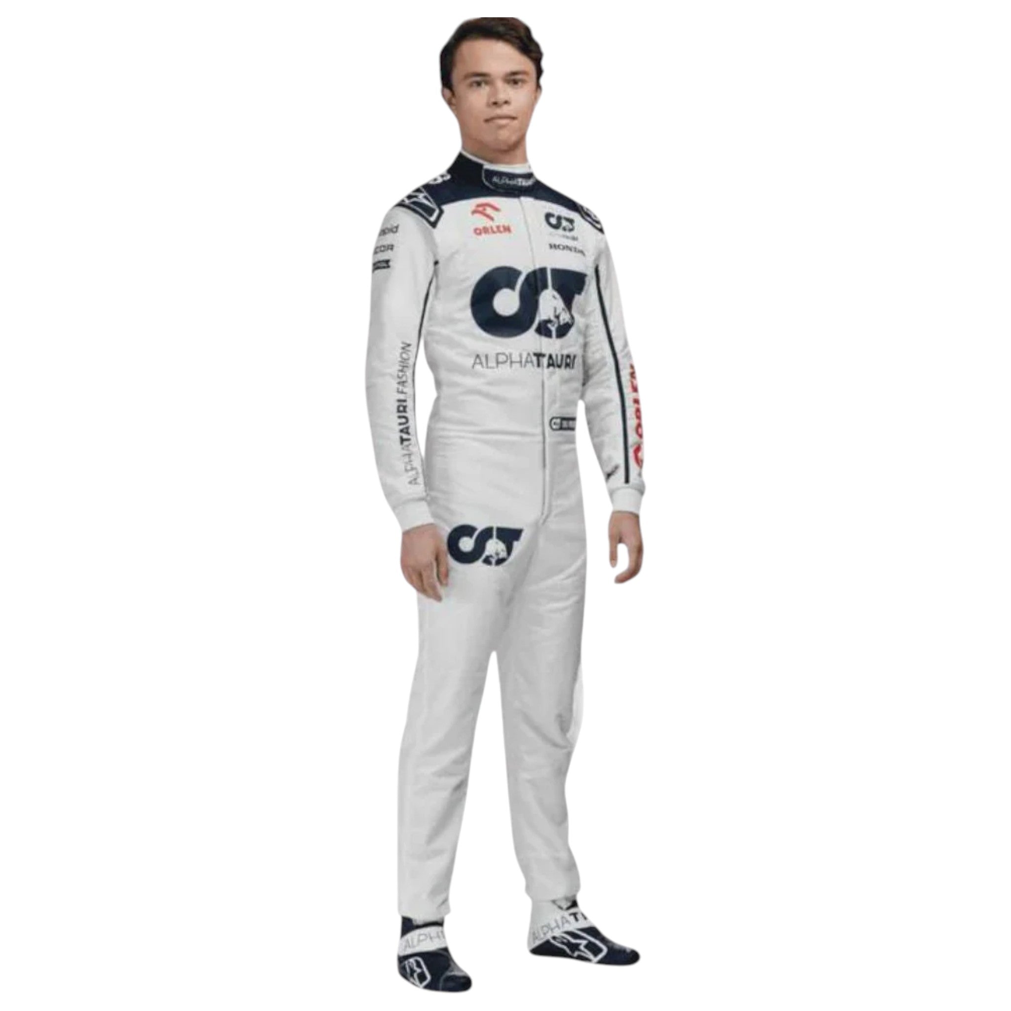 Nyck de Vries 2023 AlphaTauri F1 race suit in white with navy blue detailing and sponsor logos