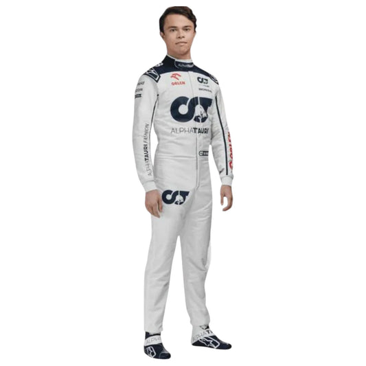 Nyck de Vries 2023 AlphaTauri F1 race suit in white with navy blue detailing and sponsor logos