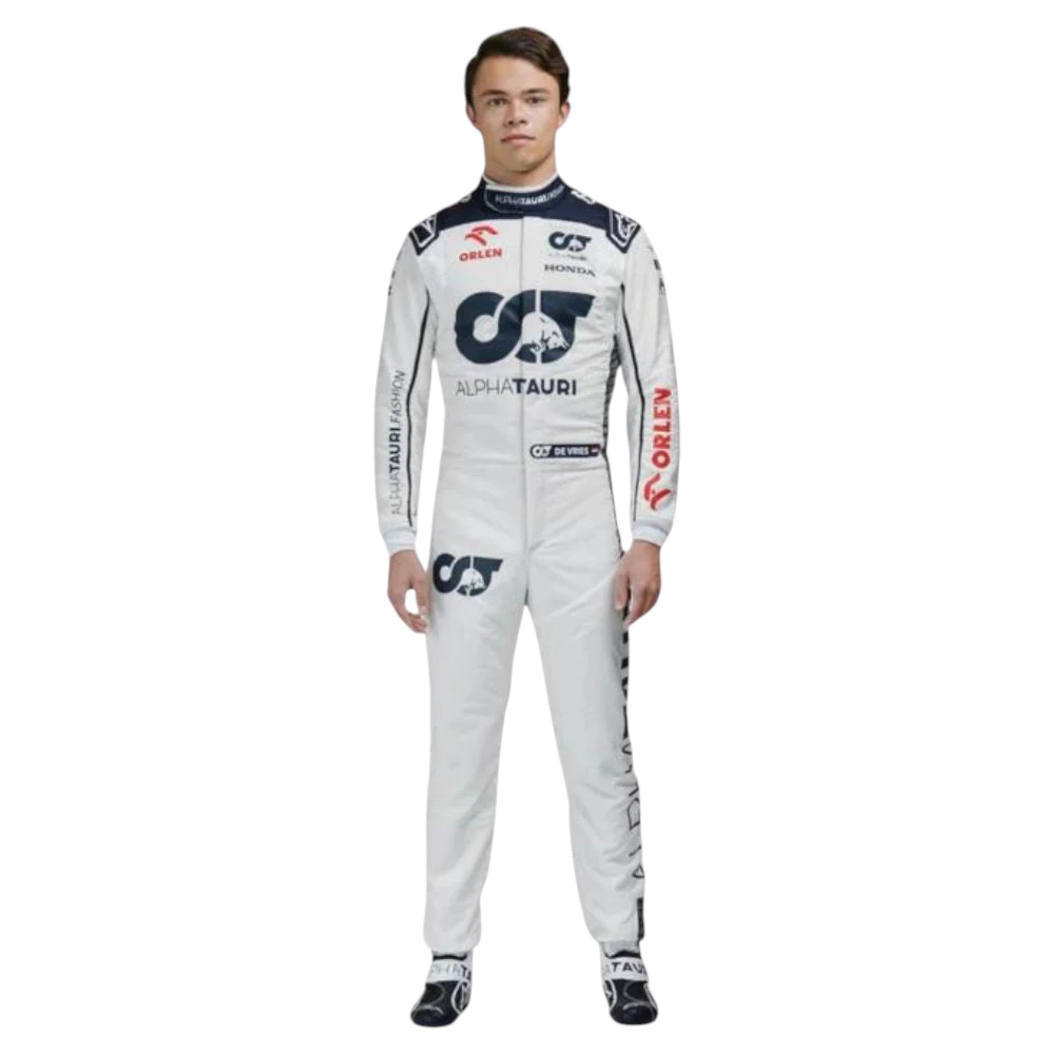 Nyck de Vries 2023 AlphaTauri F1 race suit in white with navy blue detailing and sponsor logos